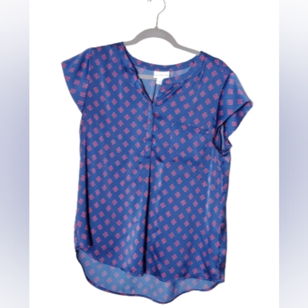Liz Claiborne Blue Short Sleeve Printed Blouse